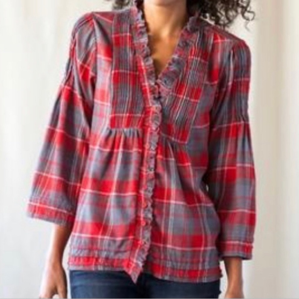 Sundance Catalog Medium M Top Red Gray Plaid Flannel Ruffle Trim Shirt Blouse